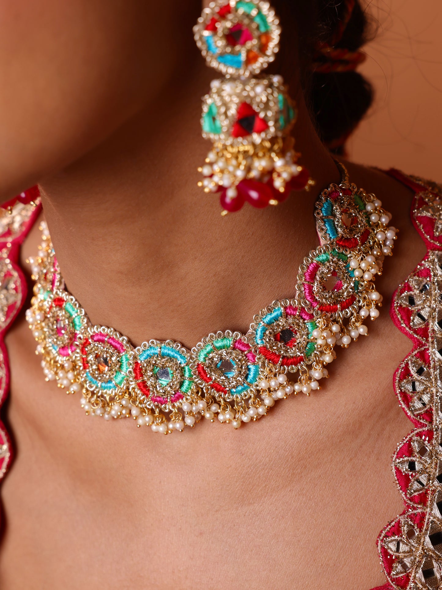 Phulkari (Jhumki Earrings, Mangtikka & Sleek Necklace Set)
