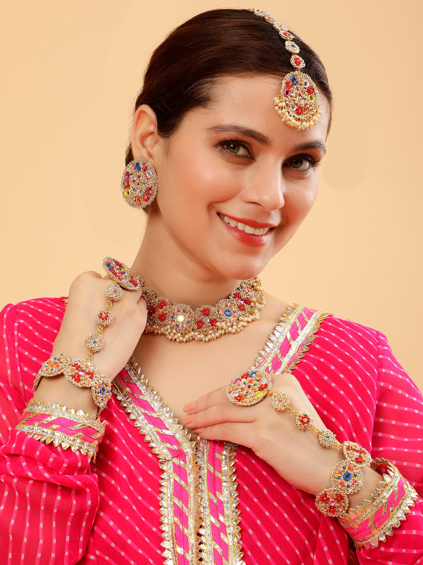 Selina (Earrings, Mangtikka, Sleek Necklace & Pair Of Hathphool Set)