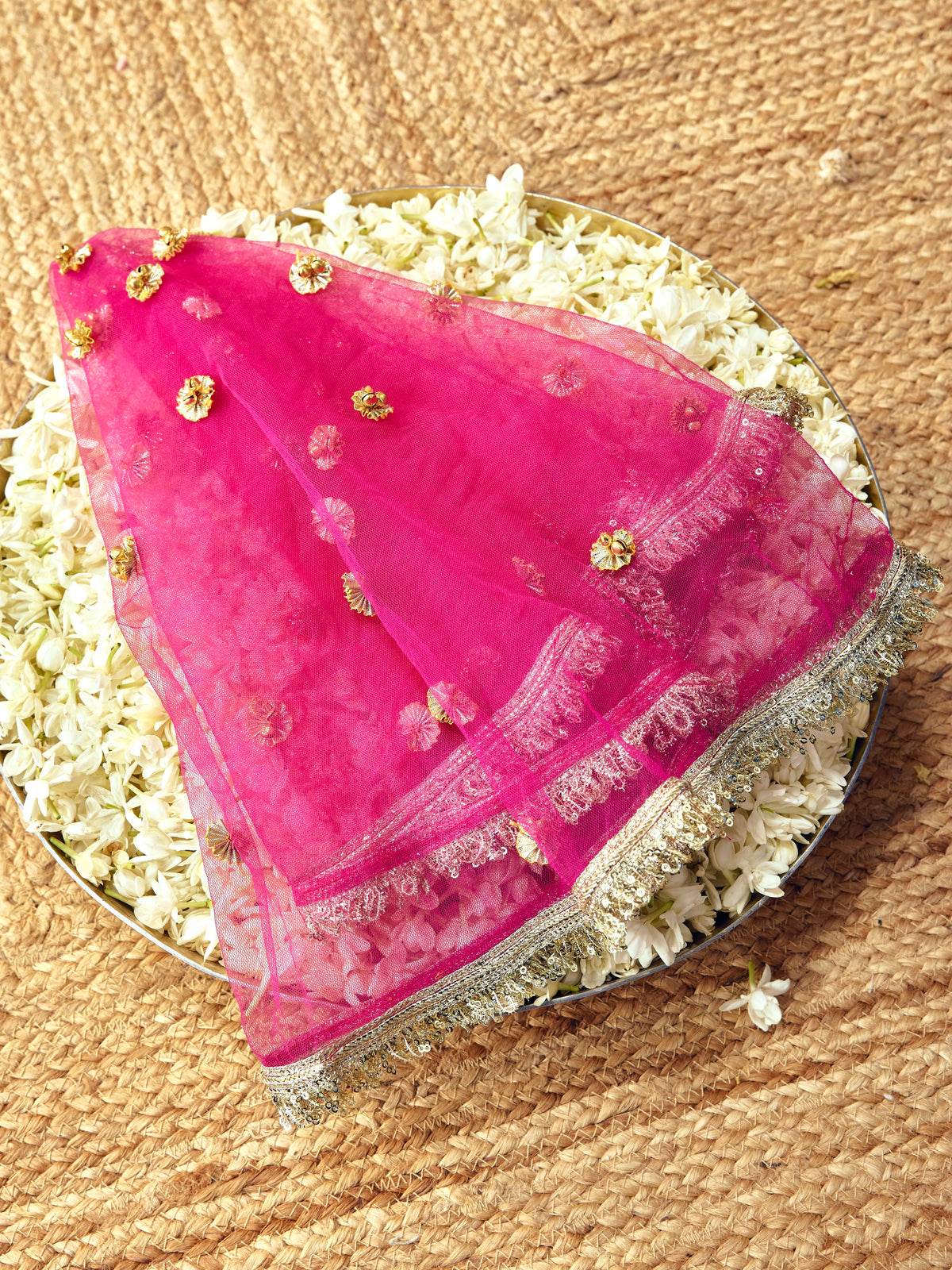 Chamak rani pink Karwa Chauth chunri with intricate gota work and festive gold accents