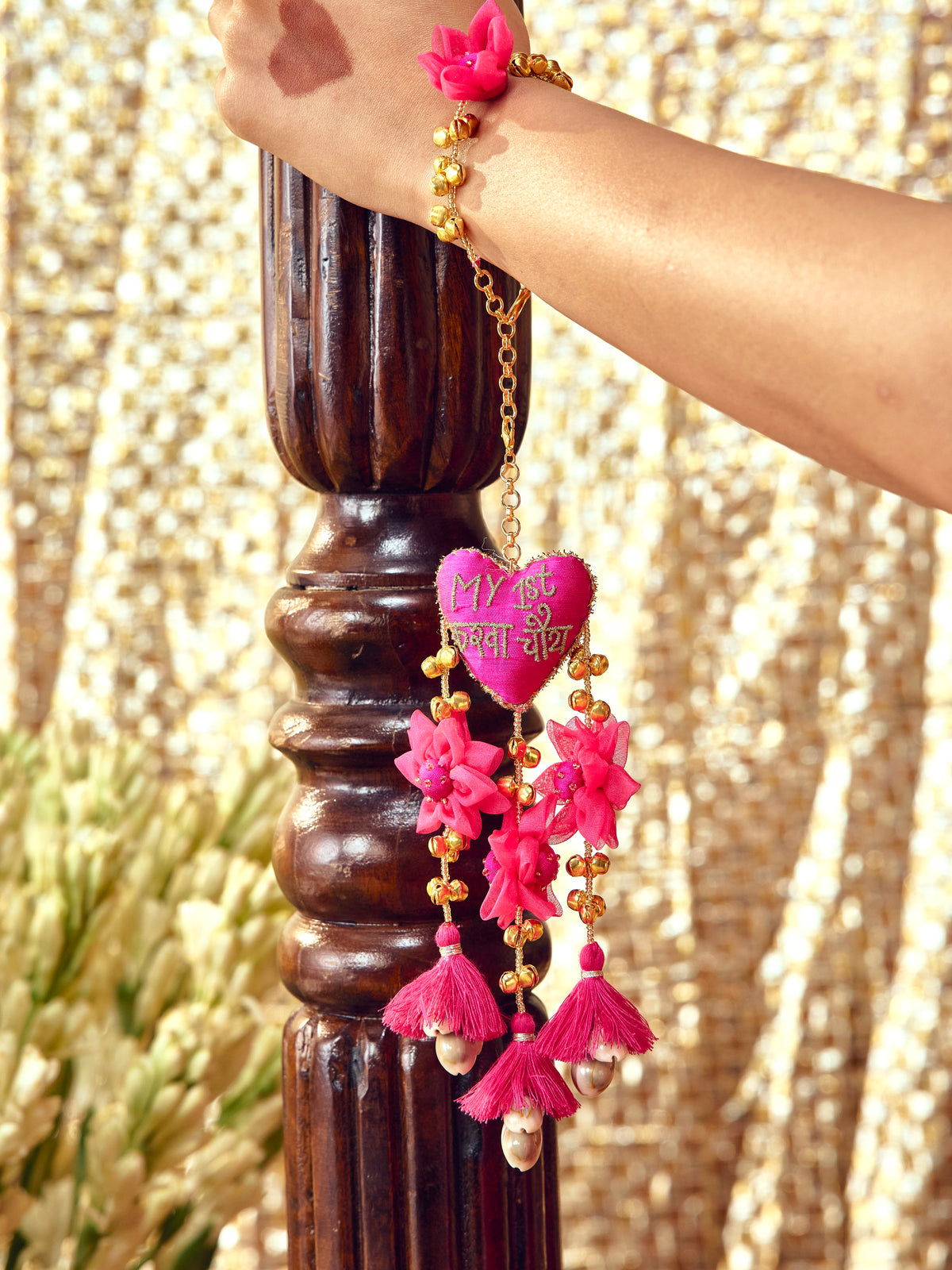 My First Karwa Chauth Rani Pink Floral Bracelet (Single Hand)