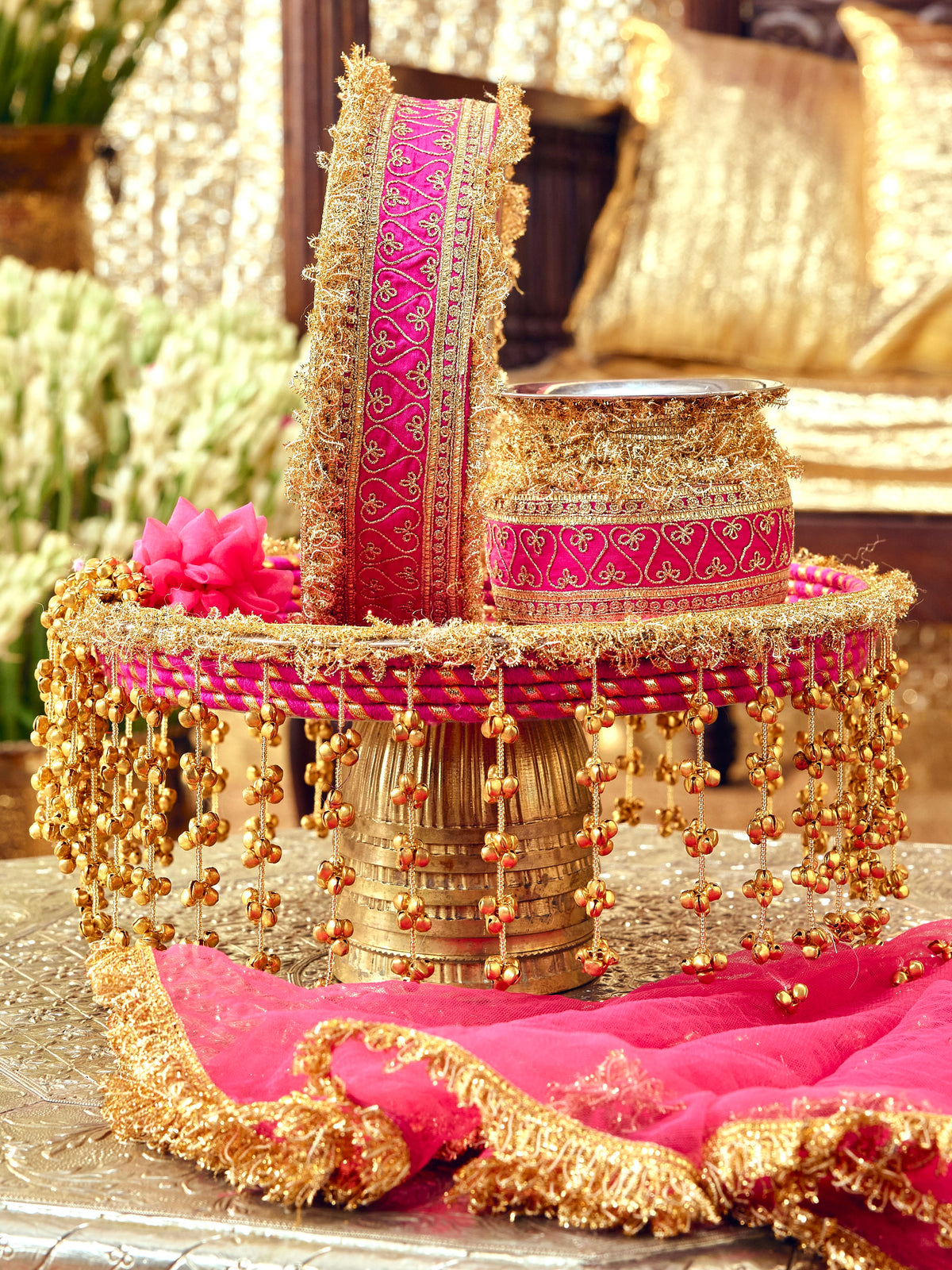 Tota Maina rani pink Karwa Chauth pooja hamper displayed as a coordinated handcrafted set