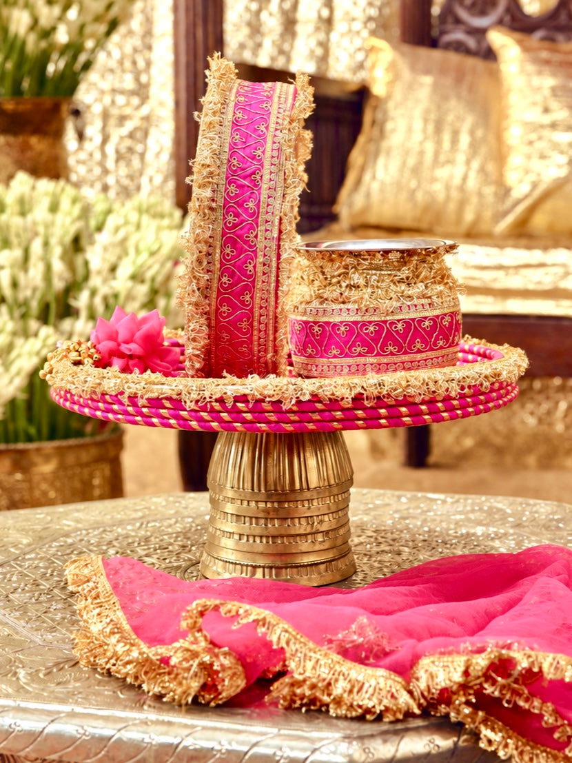 Tota Maina rani pink Karwa Chauth pooja hamper displayed as a coordinated handcrafted set