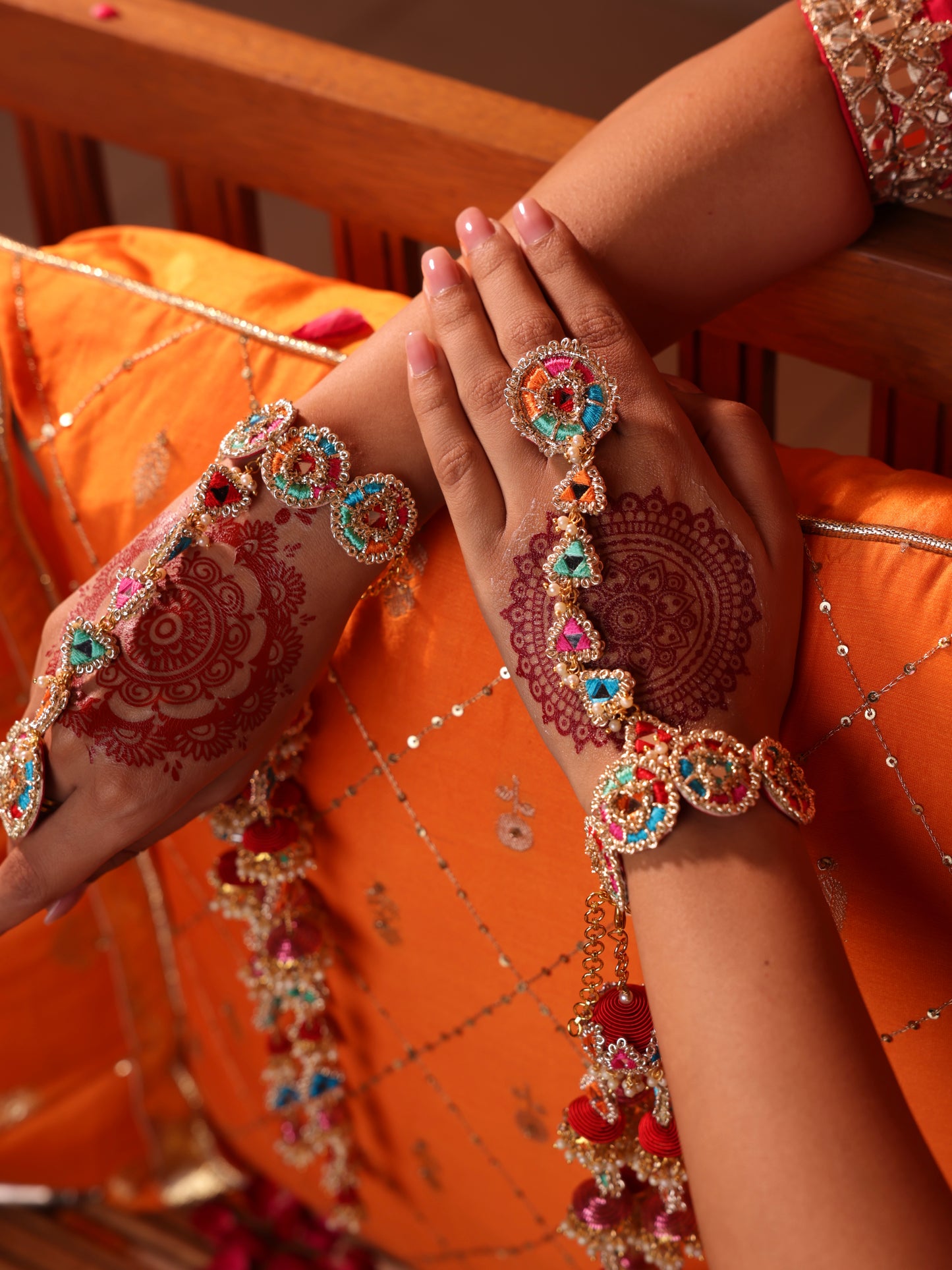 Phulkari (Jhumki Earrings, Mathapatti, Necklace & Pair of Hathphool Set)