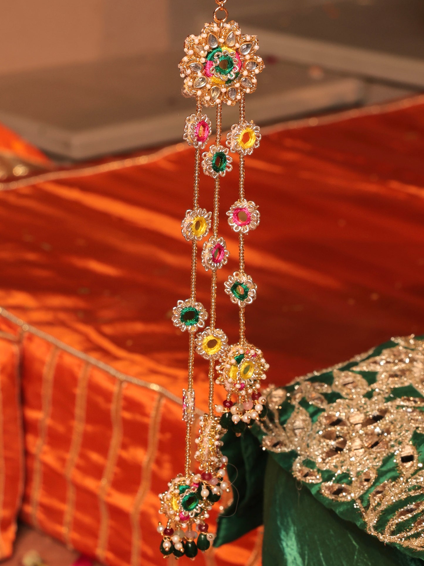 Jugni (Earrings with Earchains, Mathapatti, Choker & Pair of Hathphool with Embroidered Latkan Set)