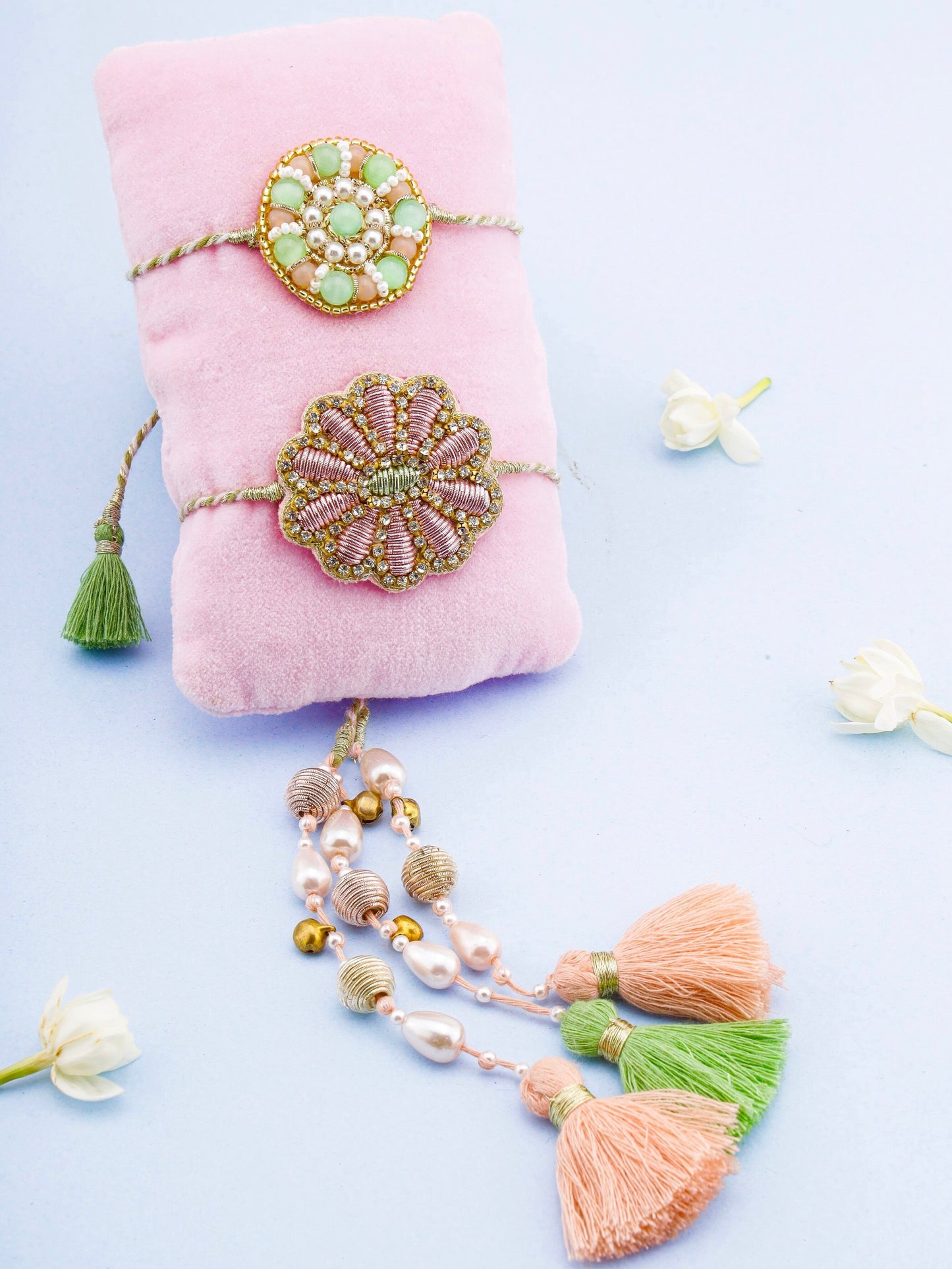 Semi-Precious Stone Rakhi & Pastel Flower Lumba Rakhi (Gift Packaging Available)