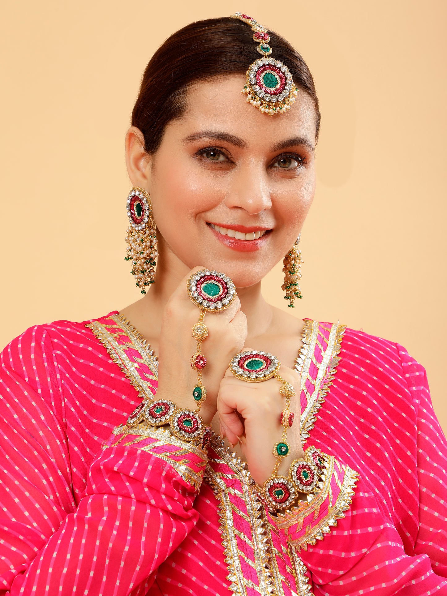 Falguni Green (Earrings, Mangtikka & Pair of Hathphool)