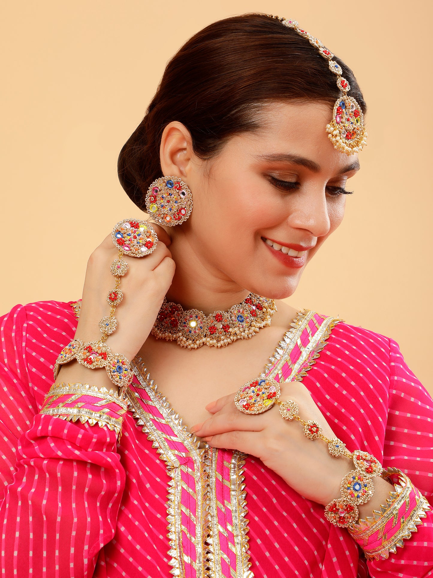 Selina (Earrings, Mangtikka, Sleek Necklace & Pair Of Hathphool)