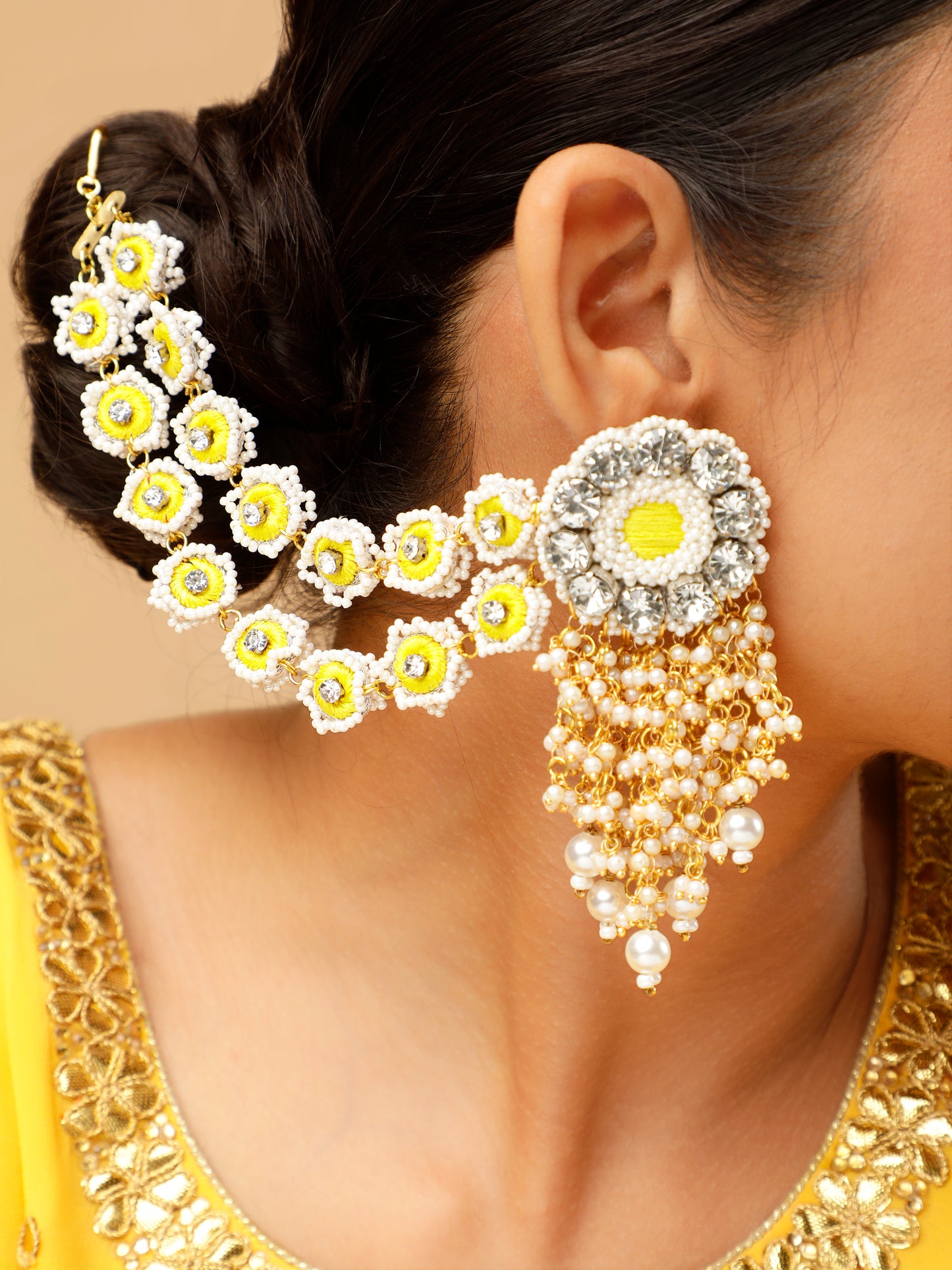 Falguni Yellow Earrings With Double Layer Earchains