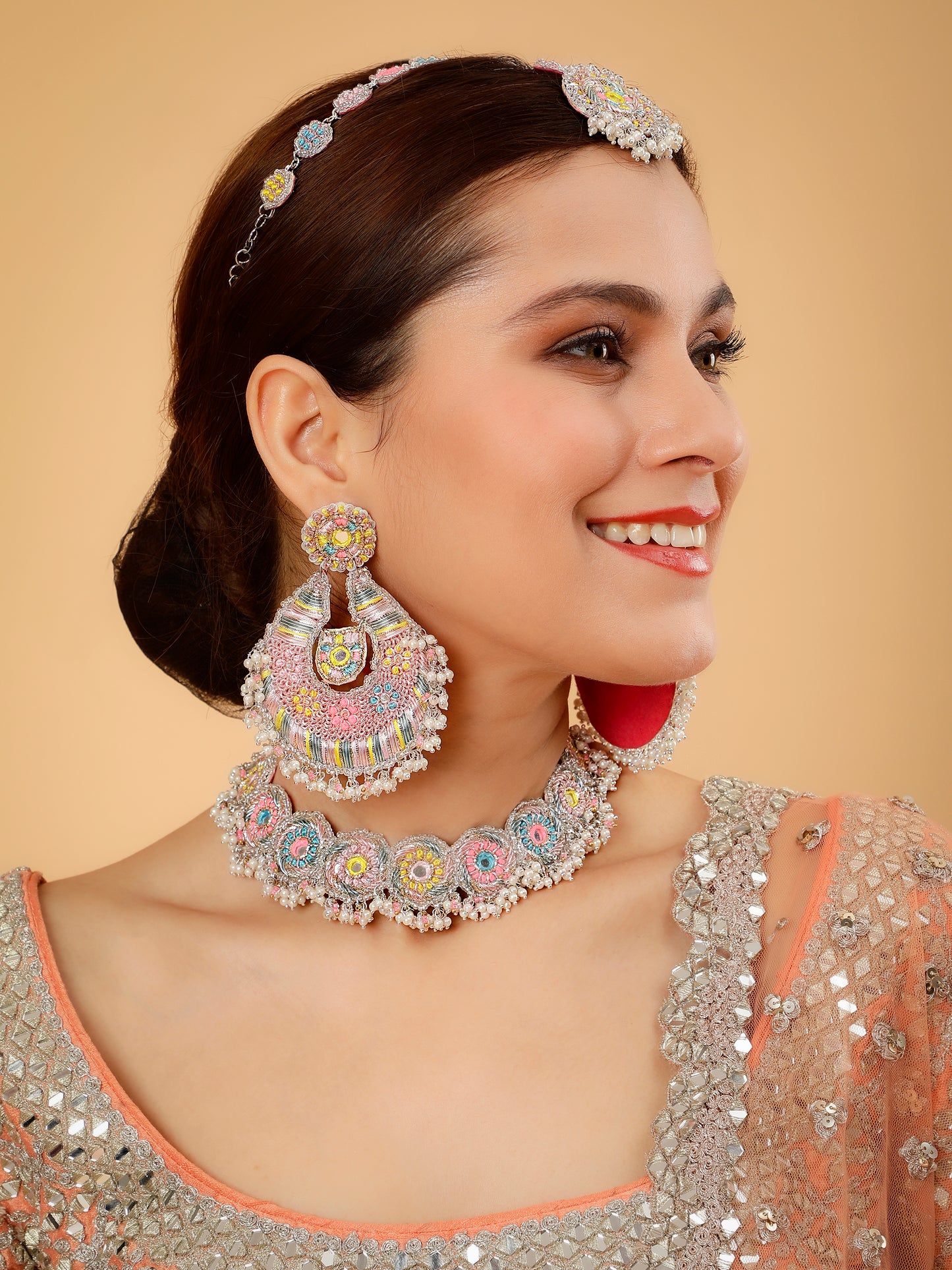 Beaming Bud Pink (Earrings, Mathapatti & Sleek Necklace)