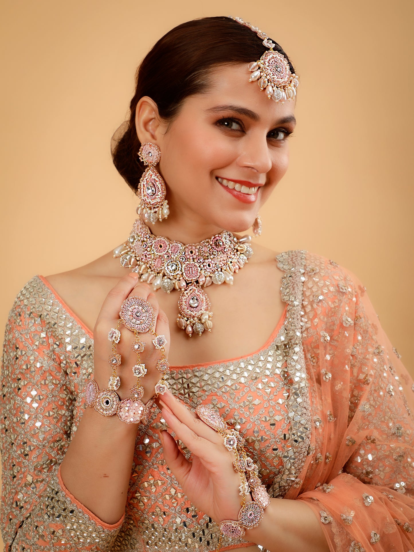 Khoobsurat Pink (Earrings, Mangtikka, Necklace & Pair Of Hathphool)