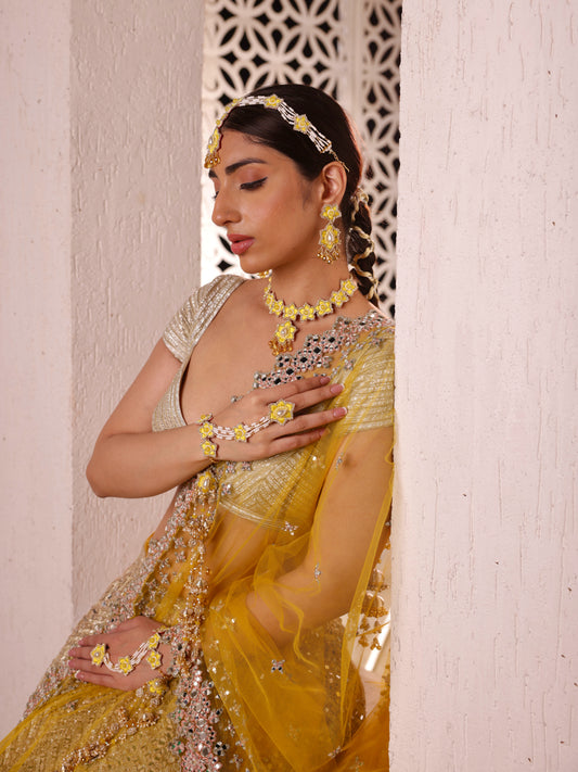 Blossom (Earrings, Mathapatti, Sleek Necklace with Drop and Pair of Hathphool with Embroidered Latkans)