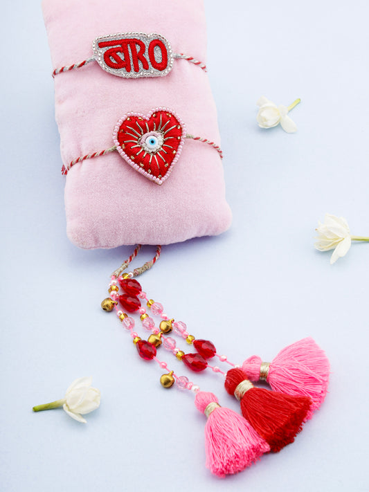 Decorative bro rakhi and evil eye lumba rakhi with stone and tassel details