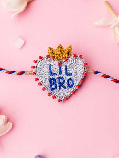 Decorative brother rakhi with  heart shaped lil bro text