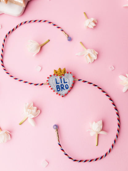 Decorative brother rakhi with  heart shaped lil bro text