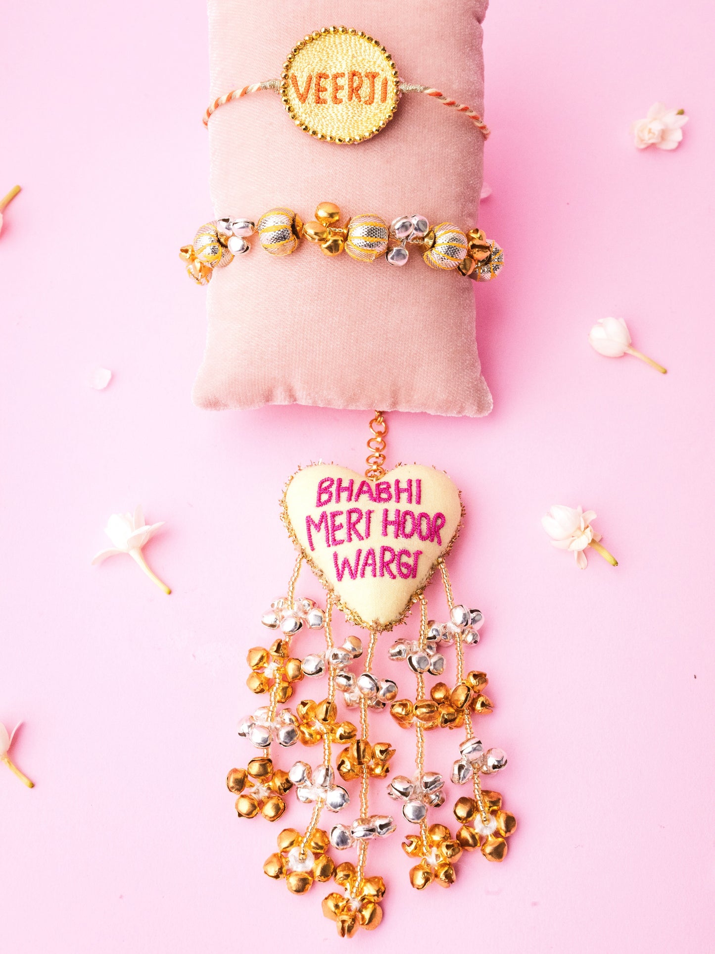 Decorative veerji rakhi and bhabhi meri hoor wargi lumba combo with ghungaroo detail