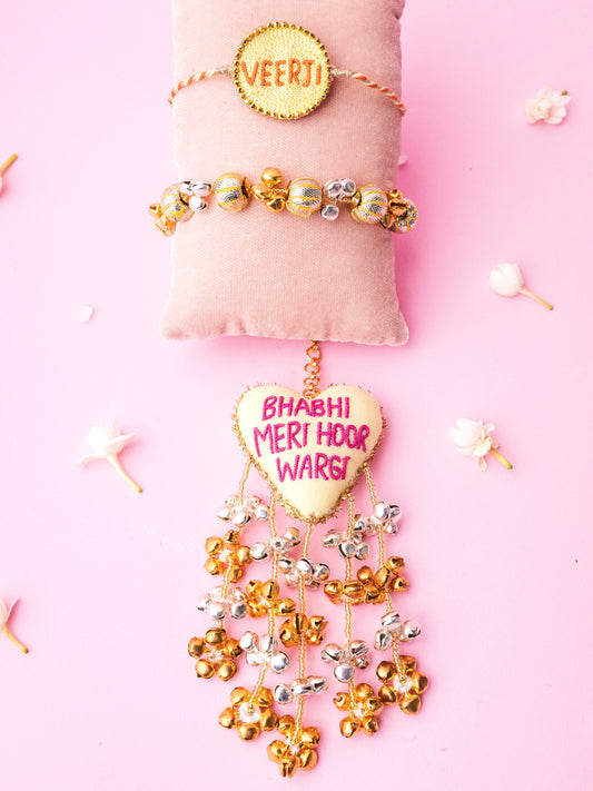 Decorative veerji rakhi and bhabhi meri hoor wargi lumba combo with ghungaroo detail