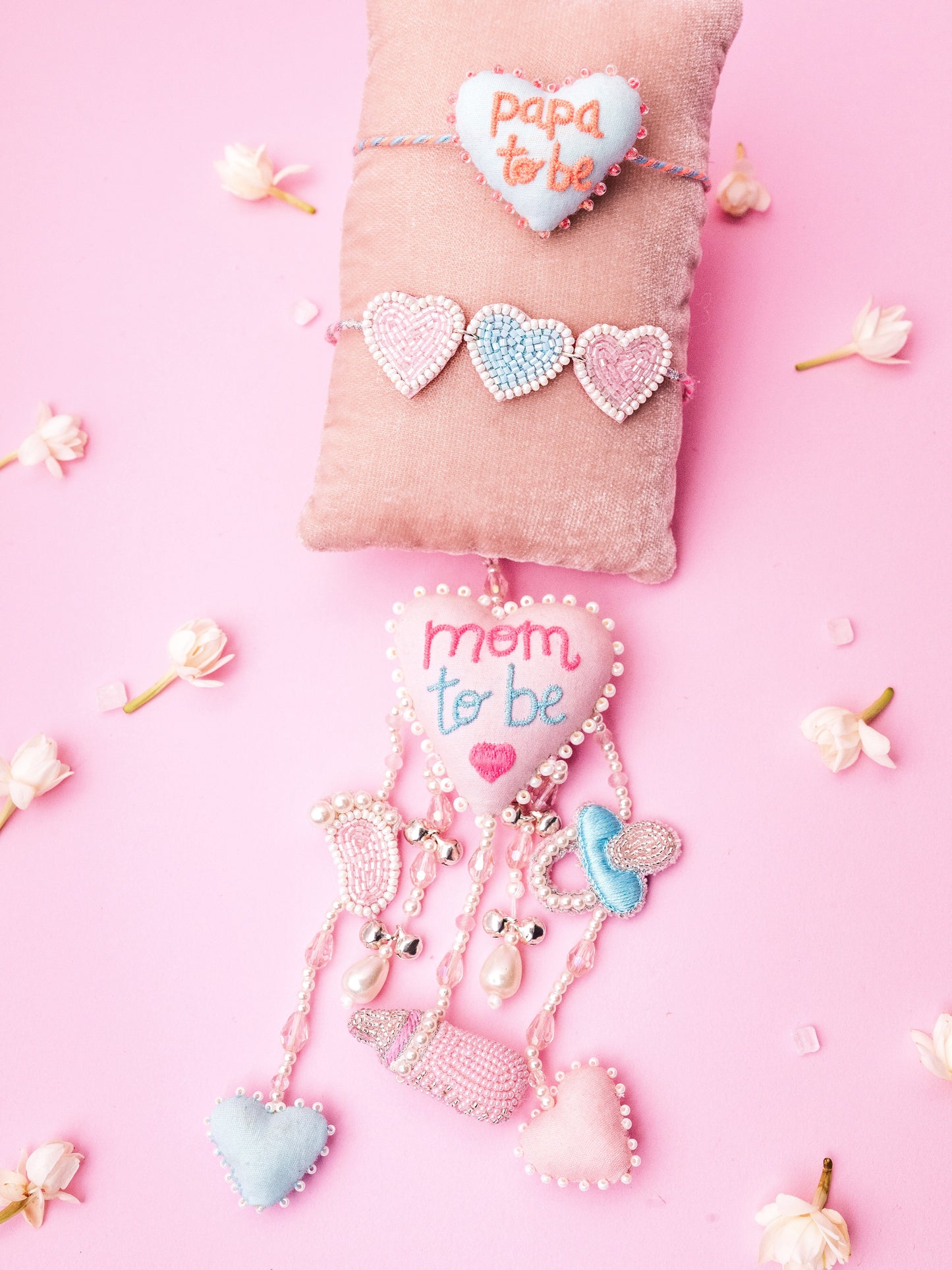 Decorative papa to be rakhi and mom to be lumba combo with charms detail