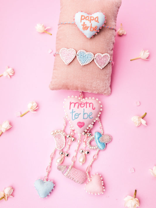 Decorative papa to be rakhi and mom to be lumba combo with charms detail