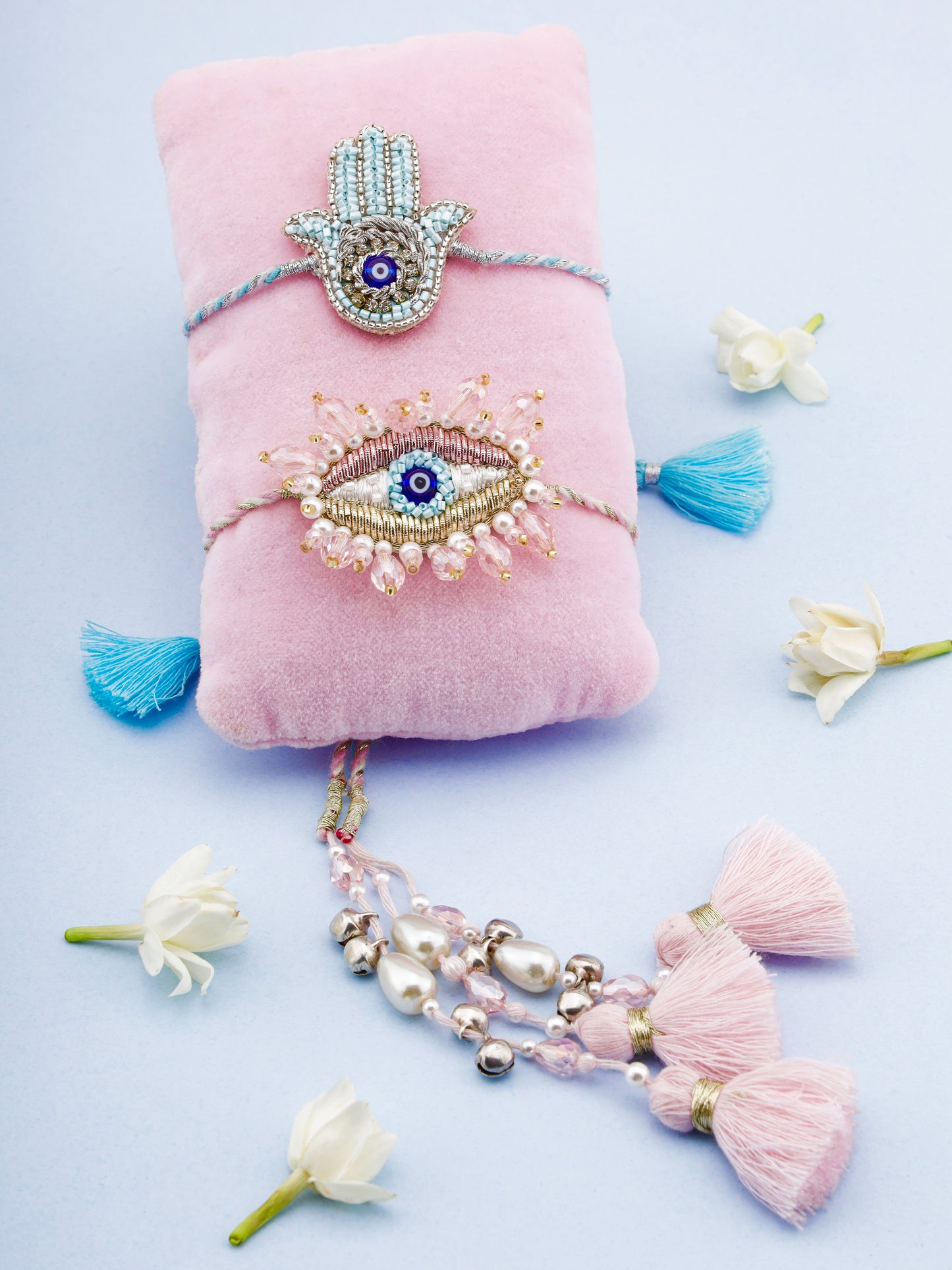 Evil Eye Hamsa Blue Brother Rakhi & Evil Eye Crystal Lumba Rakhi (Gift Packaging Available)