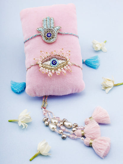 Evil Eye Hamsa Blue Brother Rakhi & Evil Eye Crystal Lumba Rakhi