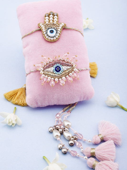 Evil Eye Hamsa Gold Brother Rakhi & Evil Eye Crystal Lumba Rakhi