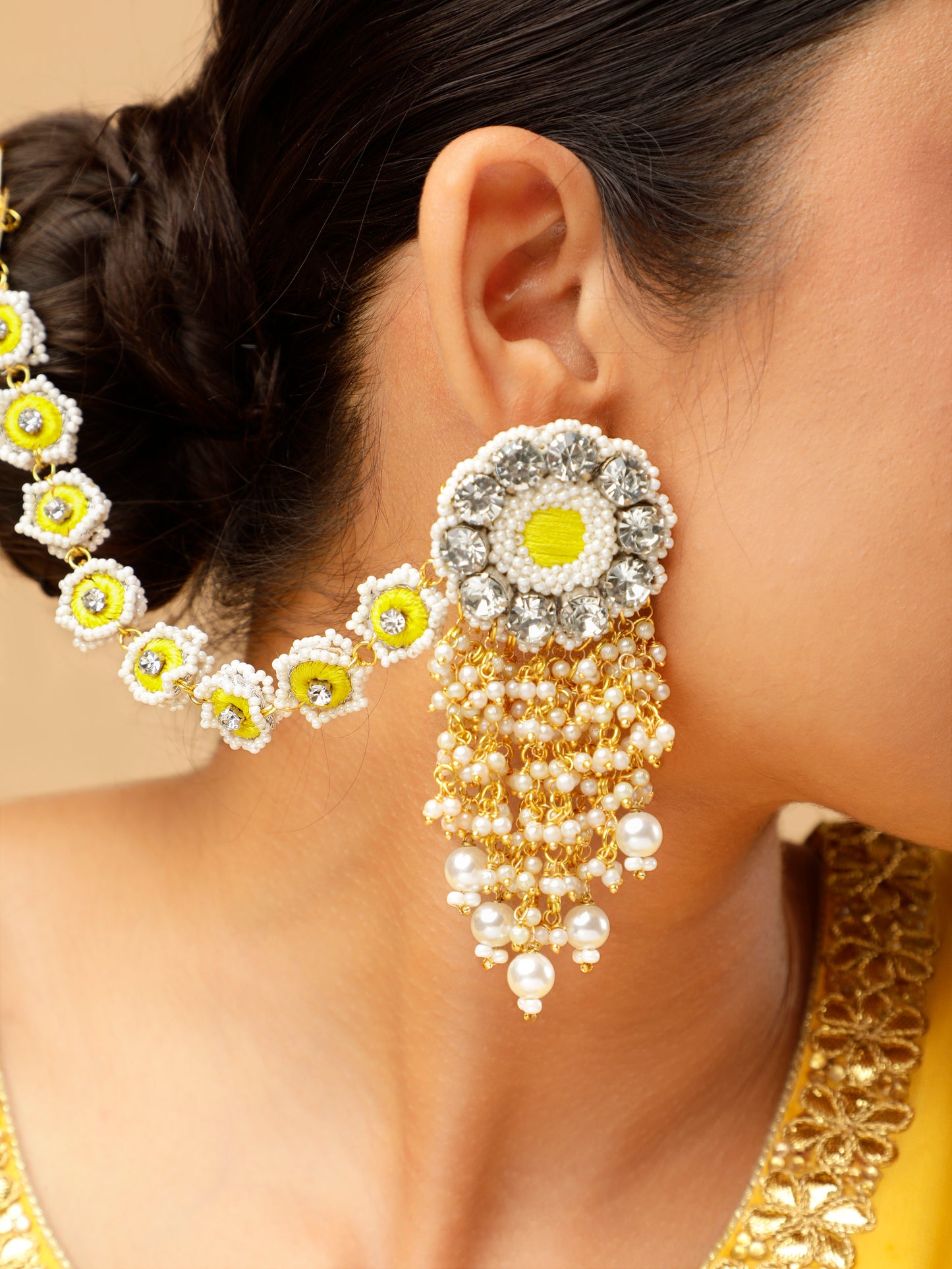 Falguni Yellow Earrings With Single Layer Earchain