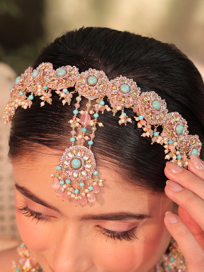 Firoza (Earrings with Earchains, Mathapatti, Sleek Necklace, Long Necklace & Pair of Hathphool Set)