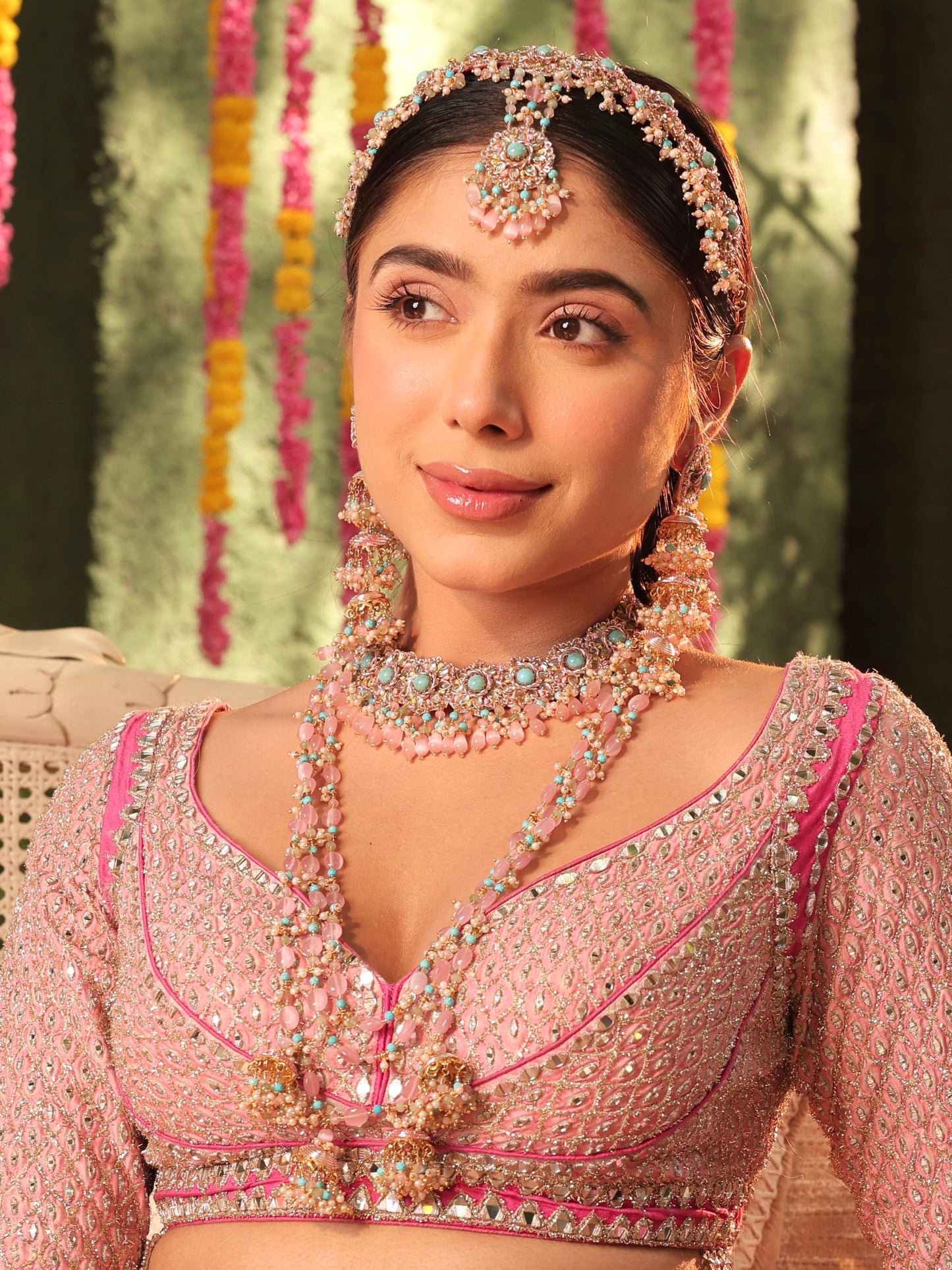 Firoza (Earrings with Earchains, Mathapatti, Sleek Necklace, Long Necklace & Pair of Hathphool Set)