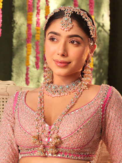Firoza (Earrings with Earchains, Mathapatti, Sleek Necklace, Long Necklace & Pair of Hathphool Set)