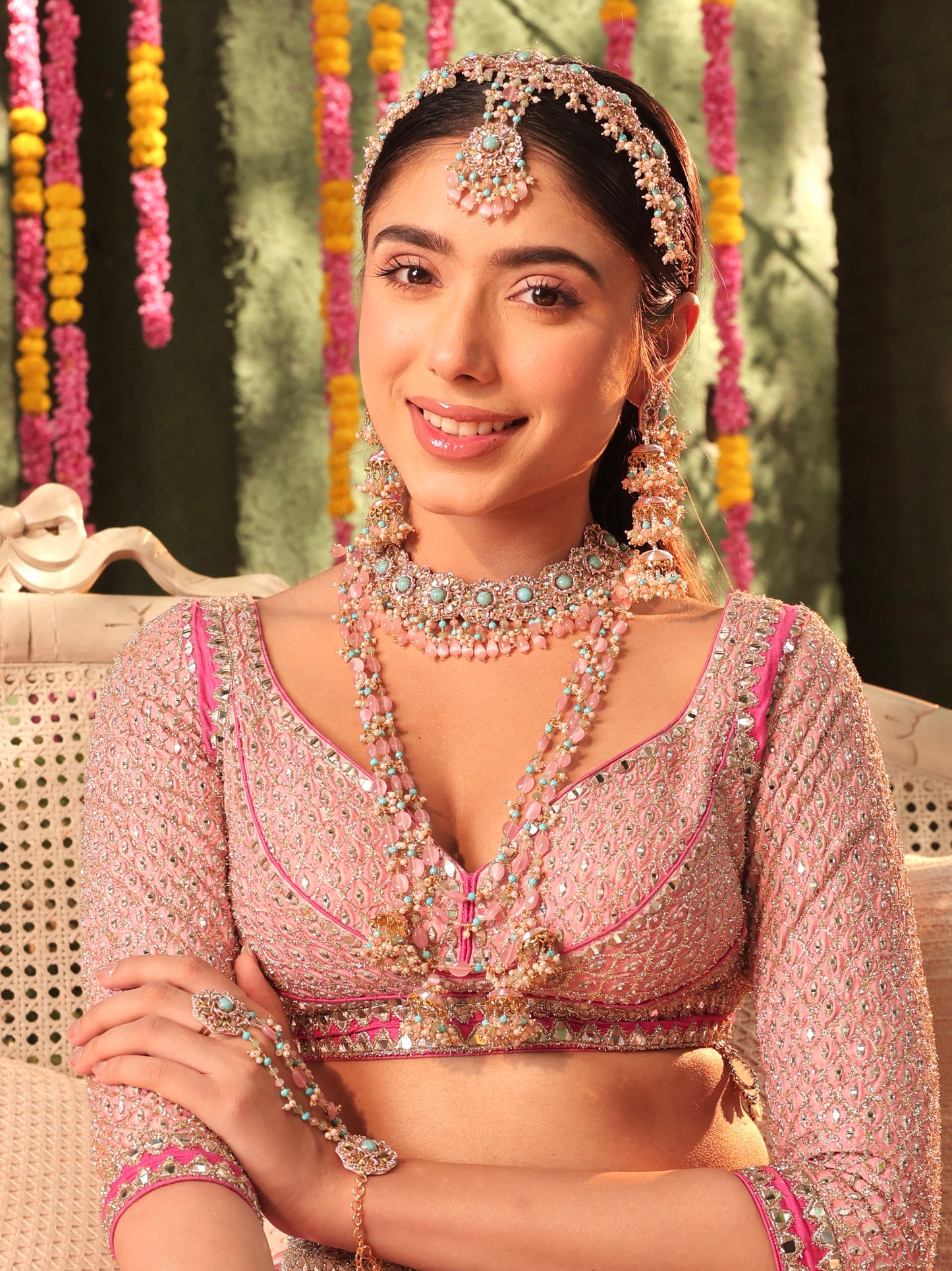 Firoza (Earrings with Earchains, Mathapatti, Sleek Necklace, Long Necklace & Pair of Hathphool Set)