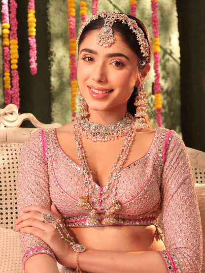 Firoza (Earrings with Earchains, Mathapatti, Sleek Necklace, Long Necklace & Pair of Hathphool Set)