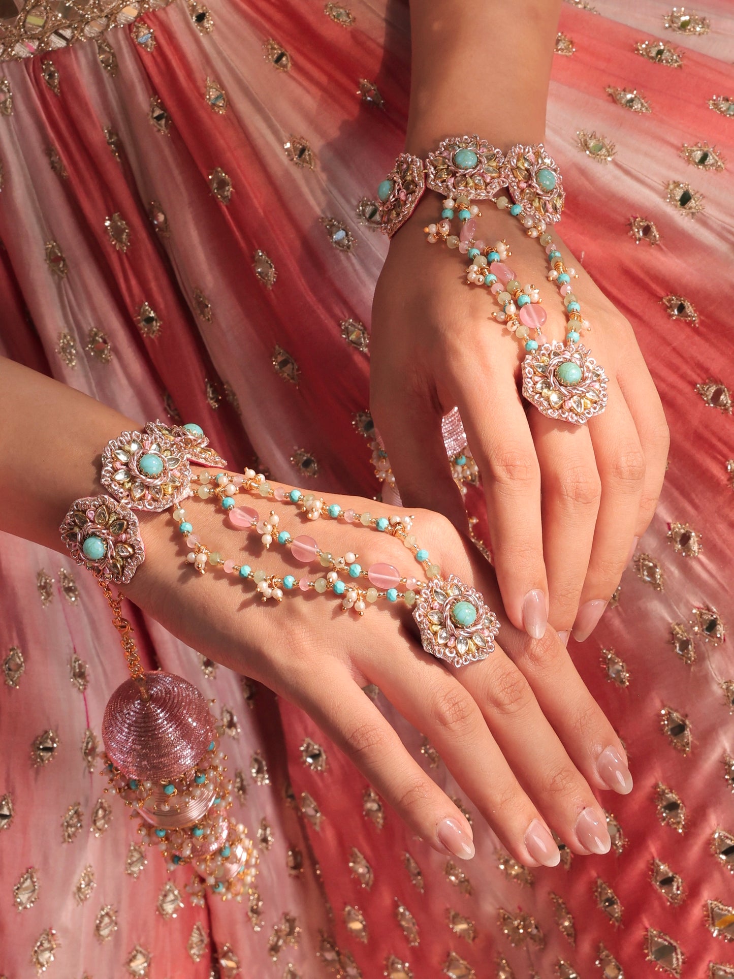 Firoza (Earrings with Earchains, Mathapatti, Sleek Necklace, Long Necklace & Pair of Hathphool with Kaleeras Set)