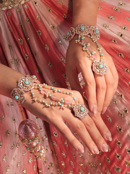Firoza (Earrings with Earchains, Mathapatti, Sleek Necklace, Long Necklace & Pair of Hathphool with Kaleeras Set)