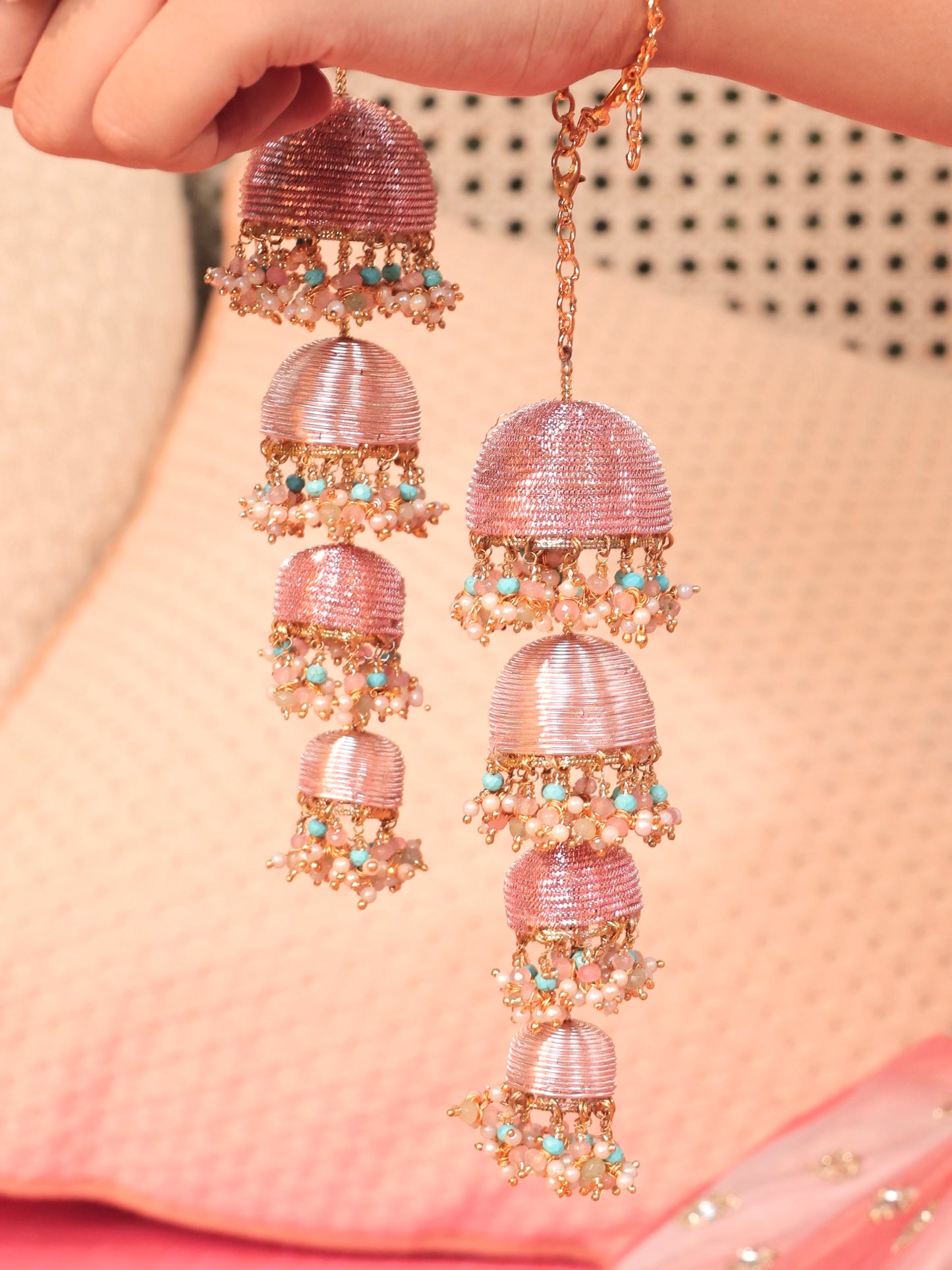 Firoza (Earrings with Earchains, Mathapatti, Sleek Necklace, Long Necklace & Pair of Hathphool with Kaleeras Set)