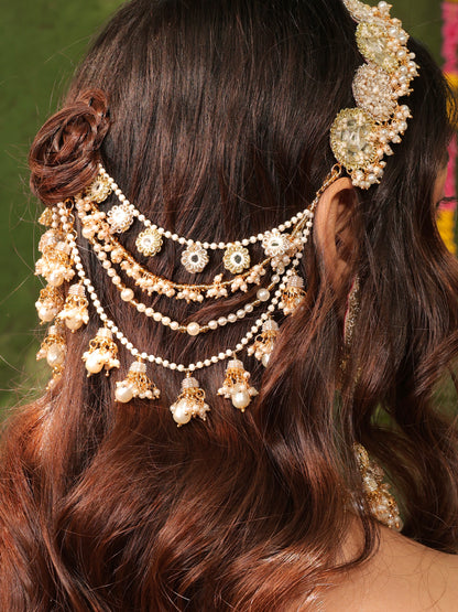 Gul Sitara Gold (Earrings with Earchains, Mathapatti, Choker & Pair of Hathphool with Embroidered Latkans Set)
