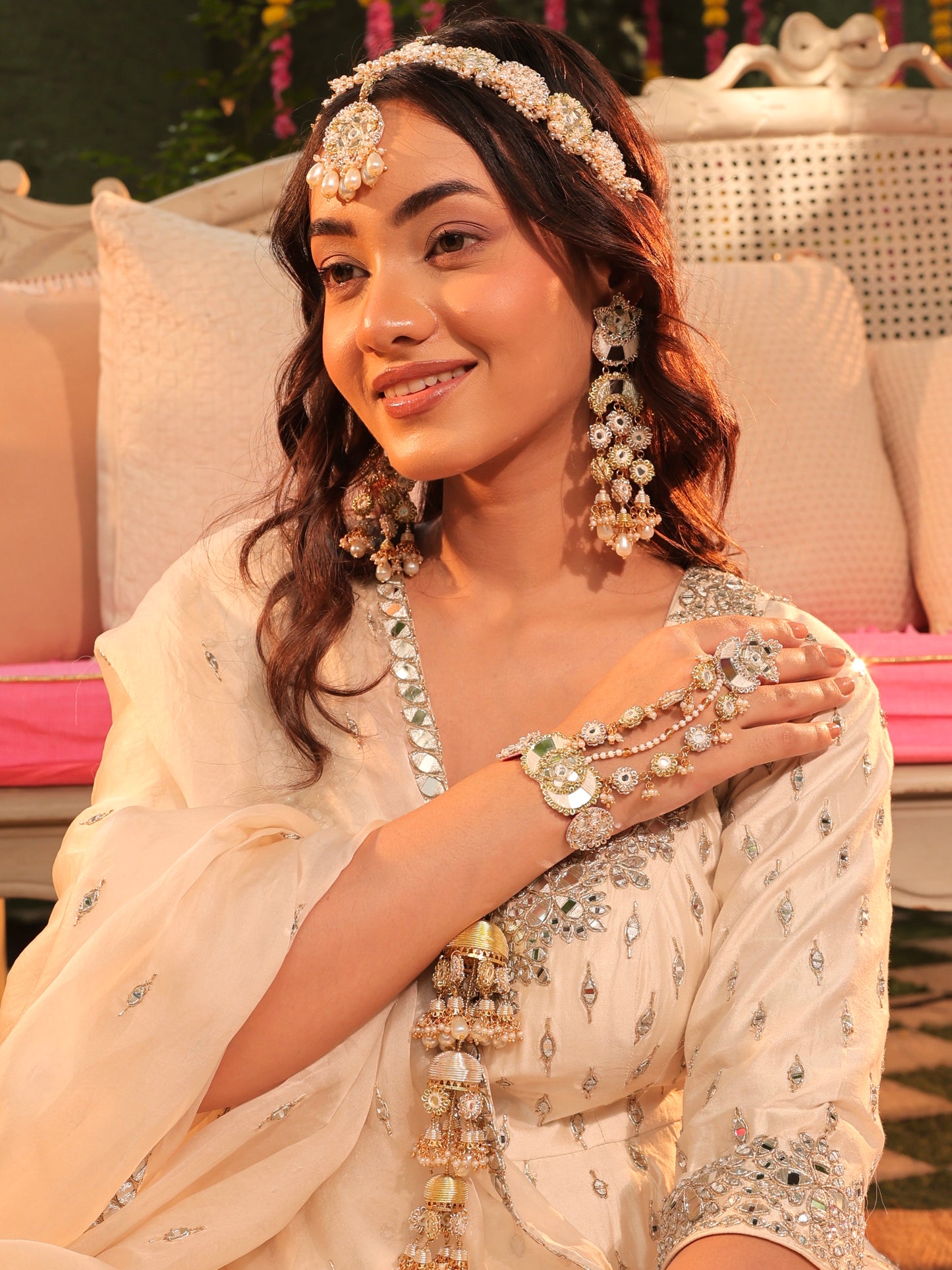 Gul Sitara Gold (Earrings with Earchains, Mathapatti & Pair of Hathphool with Embroidered Latkans Set)