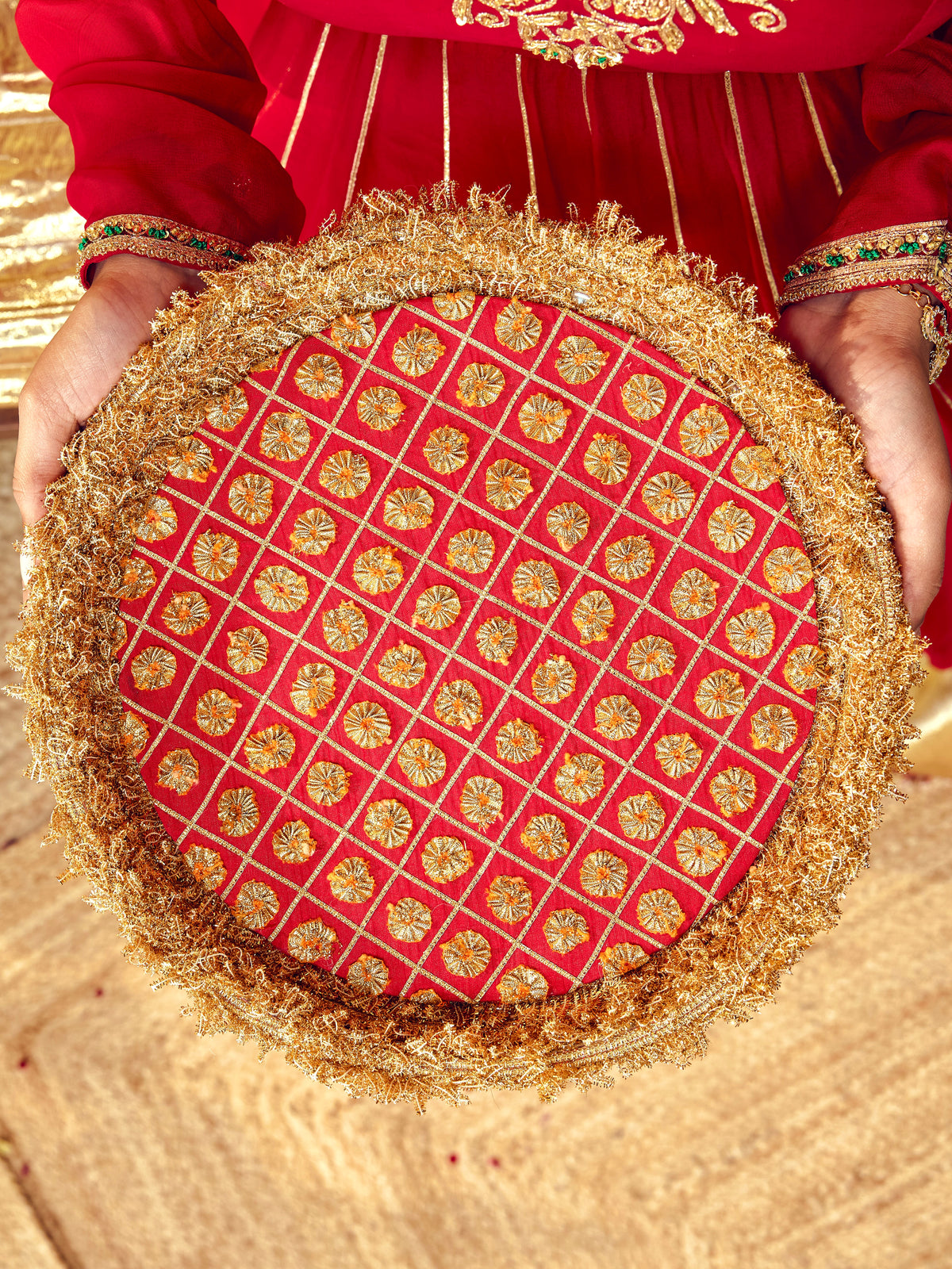 Chamak red Karwa Chauth thal without latkans, handcrafted with intricate gold gota embroidery