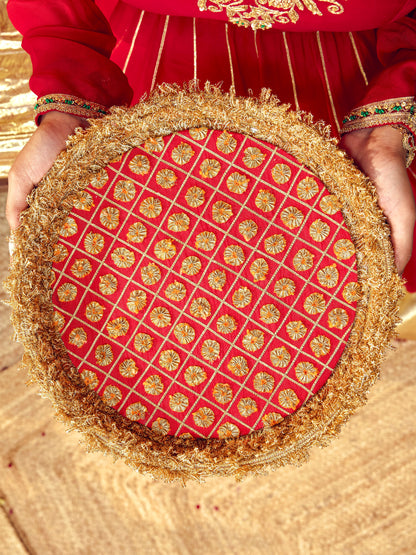 Chamak red Karwa Chauth thal without latkans, handcrafted with intricate gold gota embroidery