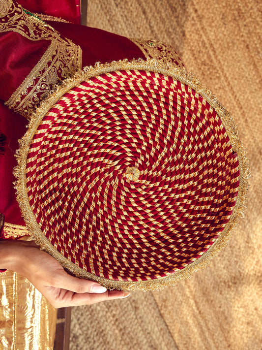 Kumkum maroon Karwa Chauth thal with thread gota dori and delicate ghungroo details