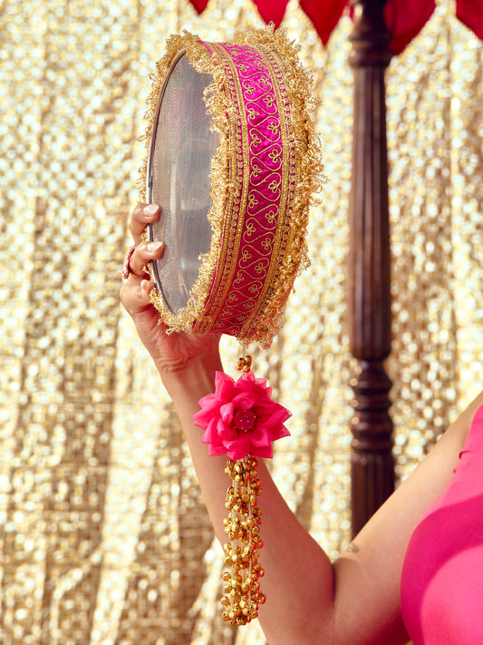 Tota Maina rani pink Karwa Chauth channi with dori embroidery and romantic bird-and-floral motifs