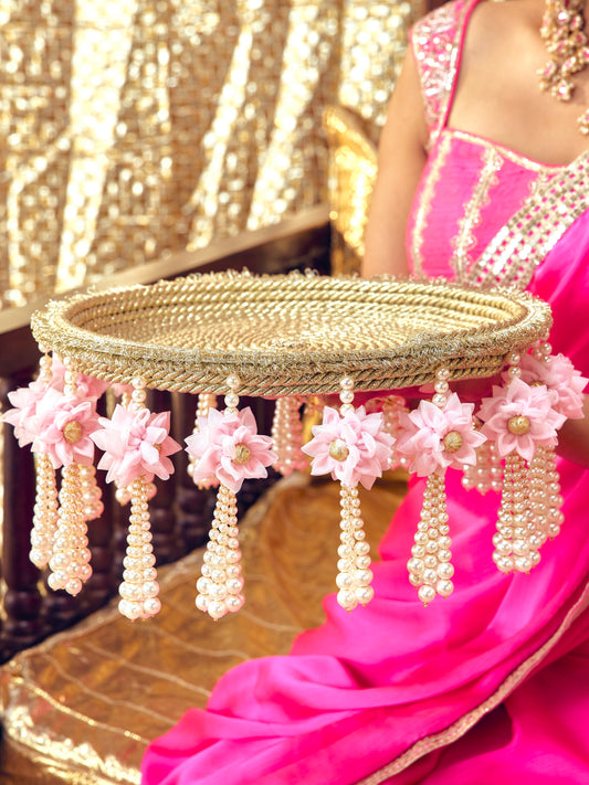 Chandini soft pastel Karwa Chauth thal with light gold badla dori and pearl accents