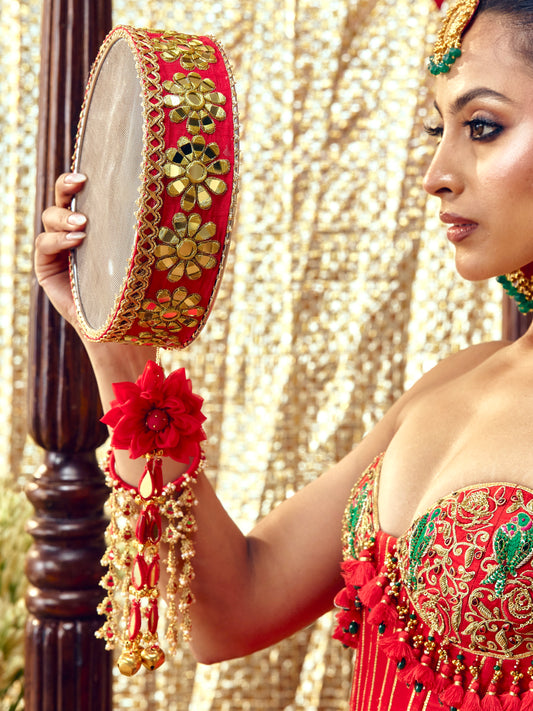 Sitara red Karwa Chauth channi with mirror embroidery and golden floral details