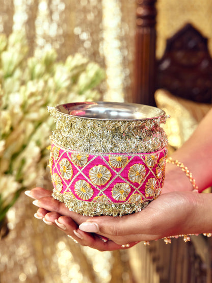 Chamak Essential Karwa Chauth Full Pooja Hamper - Rani Pink (Thali Without Latkan)