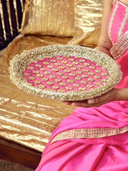 Chamak Essential Karwa Chauth Full Pooja Hamper - Rani Pink (Thali Without Latkan)