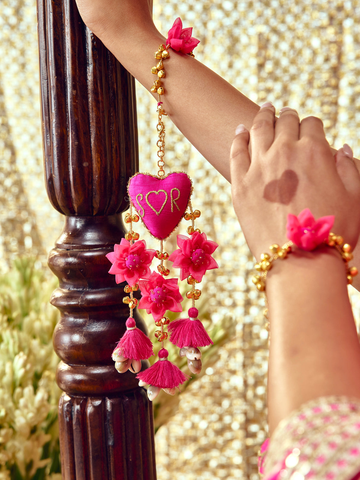 Custom Initial Rani Pink Floral Bracelet (Single Hand)