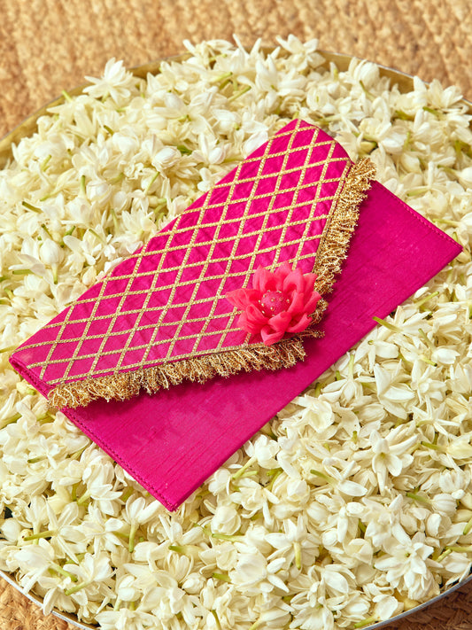 Kumkum rani pink Karwa Chauth envelope with thread gota dori and delicate ghungroo details