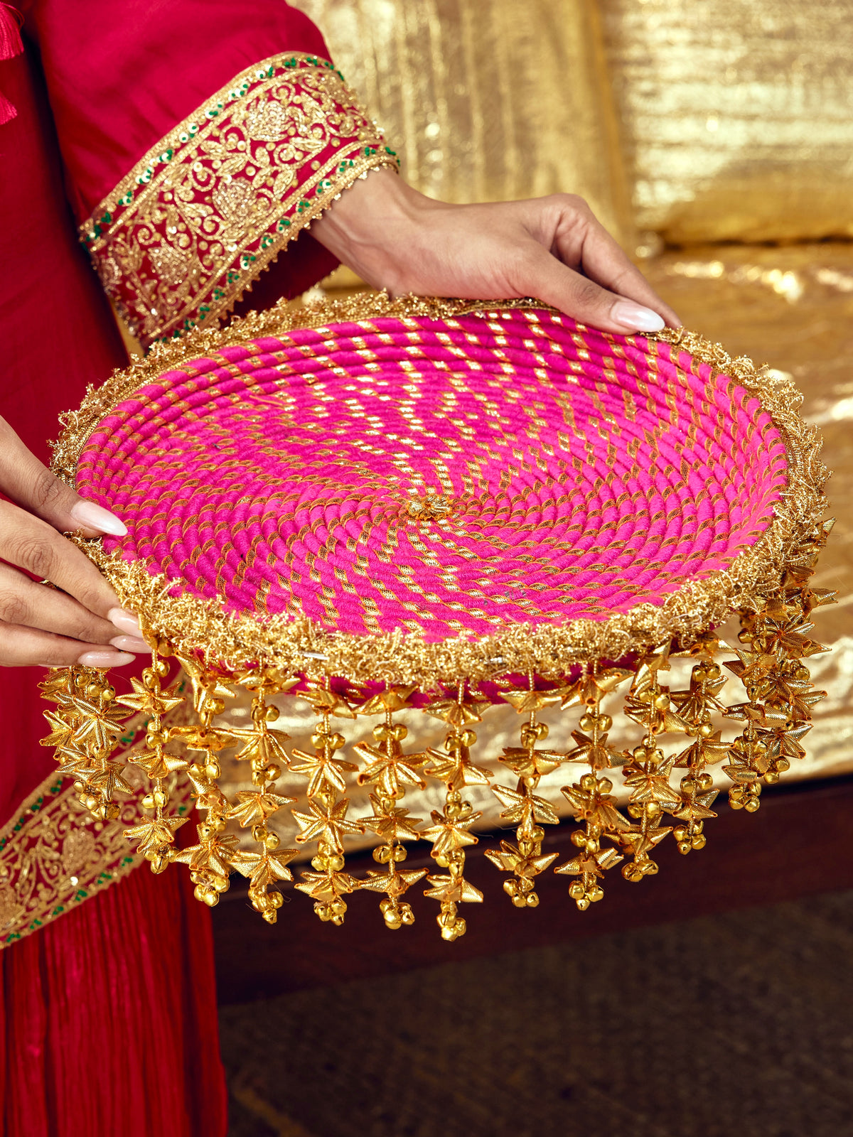 Kumkum rani pink Karwa Chauth thal with thread gota dori and delicate ghungroo details