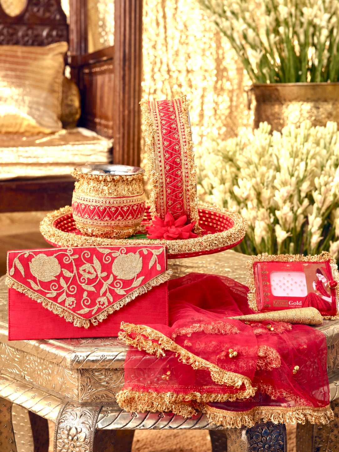 Tota Maina Essential Karwa Chauth Full Pooja Hamper - Red (Thali Without Latkan)