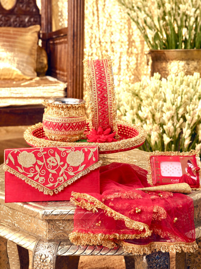 Tota Maina Essential Karwa Chauth Full Pooja Hamper - Red (Thali Without Latkan)
