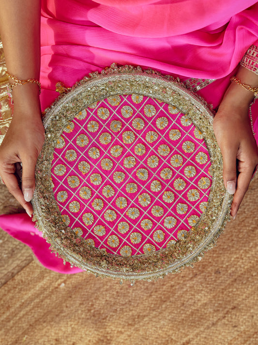 Chamak Karwa Chauth Thali - Rani Pink (Without Latkan)